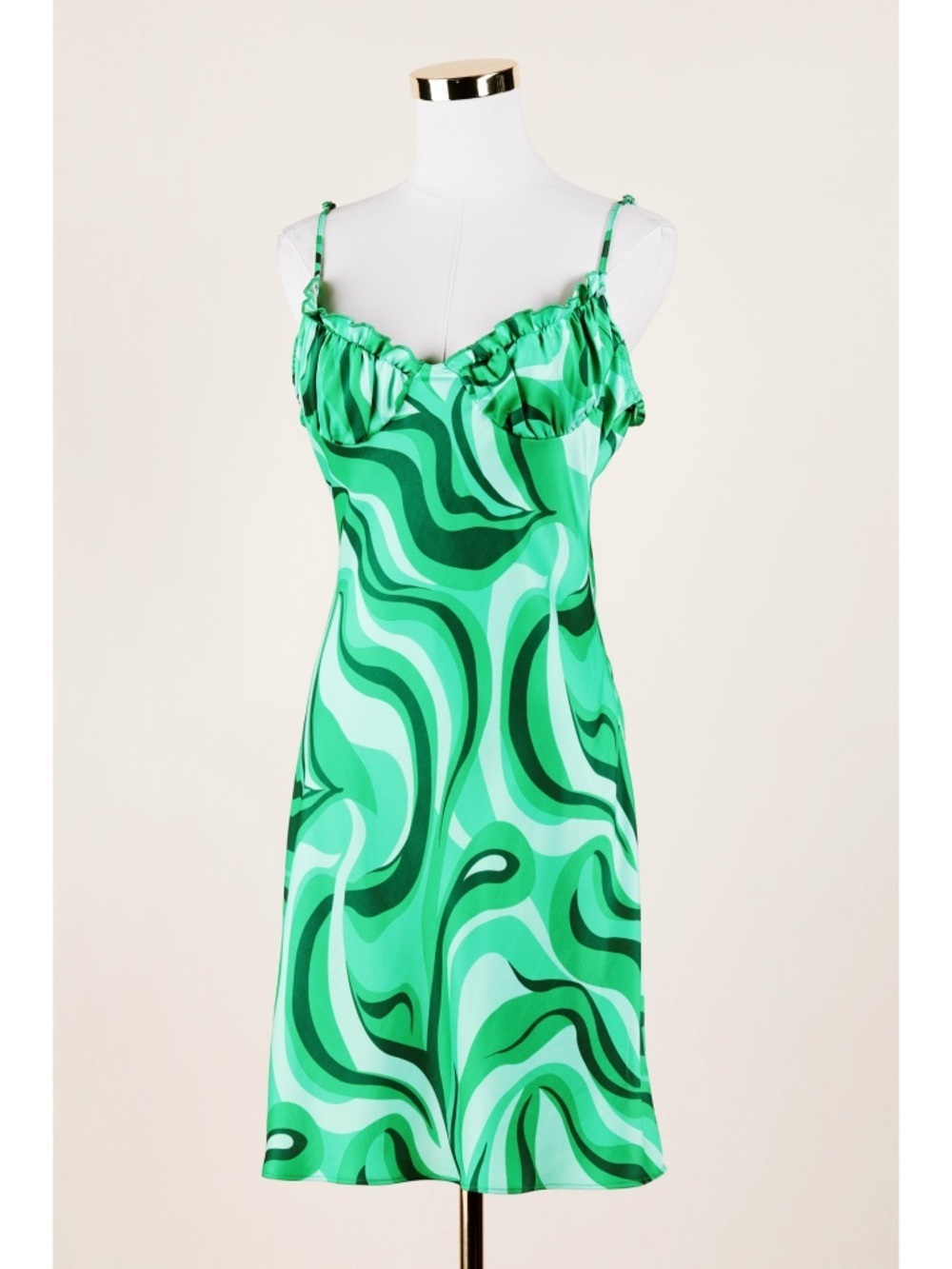 Sz L L.A. Hearts Groovy Green Swirl Print Soft Sheen Mini Slip Dress EUC